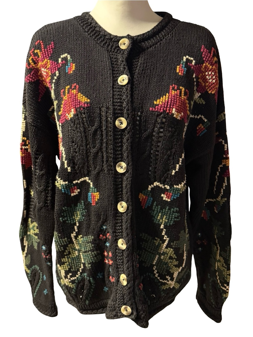 VTG Cafe Blue Hand Knit Floral Cardigan Sweater M Black Ramie Cotton Needlepoint
